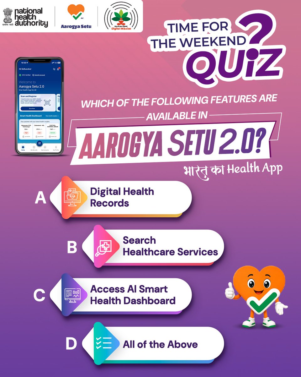 AyushmanNHA's tweet photo. #QuizTimeWithNHA
🚀 Ready for this weekend's digital health challenge?

#AarogyaSetu 2.0 brings multiple health services together in one app. But do you know which features it offers?

💬 Take a guess and comment your answer below!

#WeekendQuiz #DigitalHealth https://t.co/oXC98TT1GL