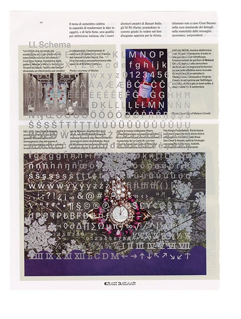 w__h_'s tweet photo. For the release of LL Schema, Lineto appropriated an issue of Harper's Bazaar Italia – where the typeface was first prominently used – and foil stamped a type specimen over each page. I'm such a sucker for actually existing Druckwerk😭 https://t.co/qx8KN6vZVG https://t.co/oxGzUjI6Q7