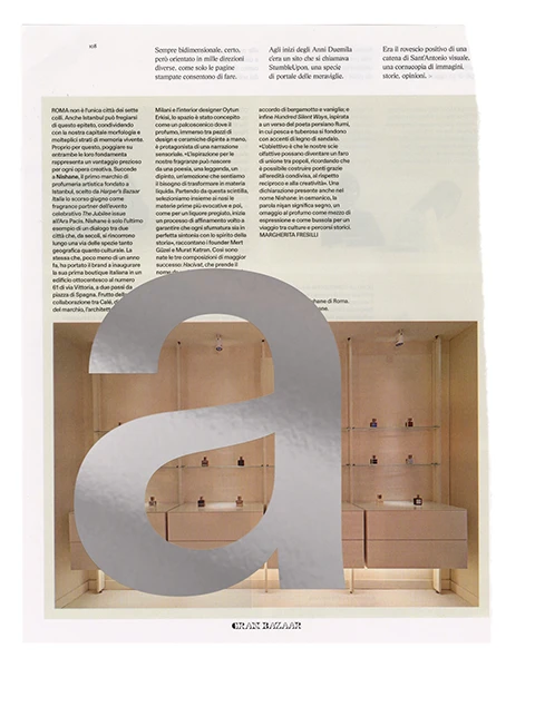 w__h_'s tweet photo. For the release of LL Schema, Lineto appropriated an issue of Harper's Bazaar Italia – where the typeface was first prominently used – and foil stamped a type specimen over each page. I'm such a sucker for actually existing Druckwerk😭 https://t.co/qx8KN6vZVG https://t.co/oxGzUjI6Q7