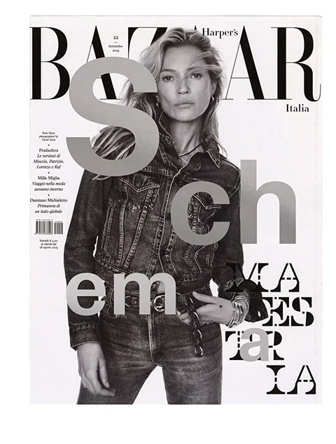 w__h_'s tweet photo. For the release of LL Schema, Lineto appropriated an issue of Harper's Bazaar Italia – where the typeface was first prominently used – and foil stamped a type specimen over each page. I'm such a sucker for actually existing Druckwerk😭 https://t.co/qx8KN6vZVG https://t.co/oxGzUjI6Q7
