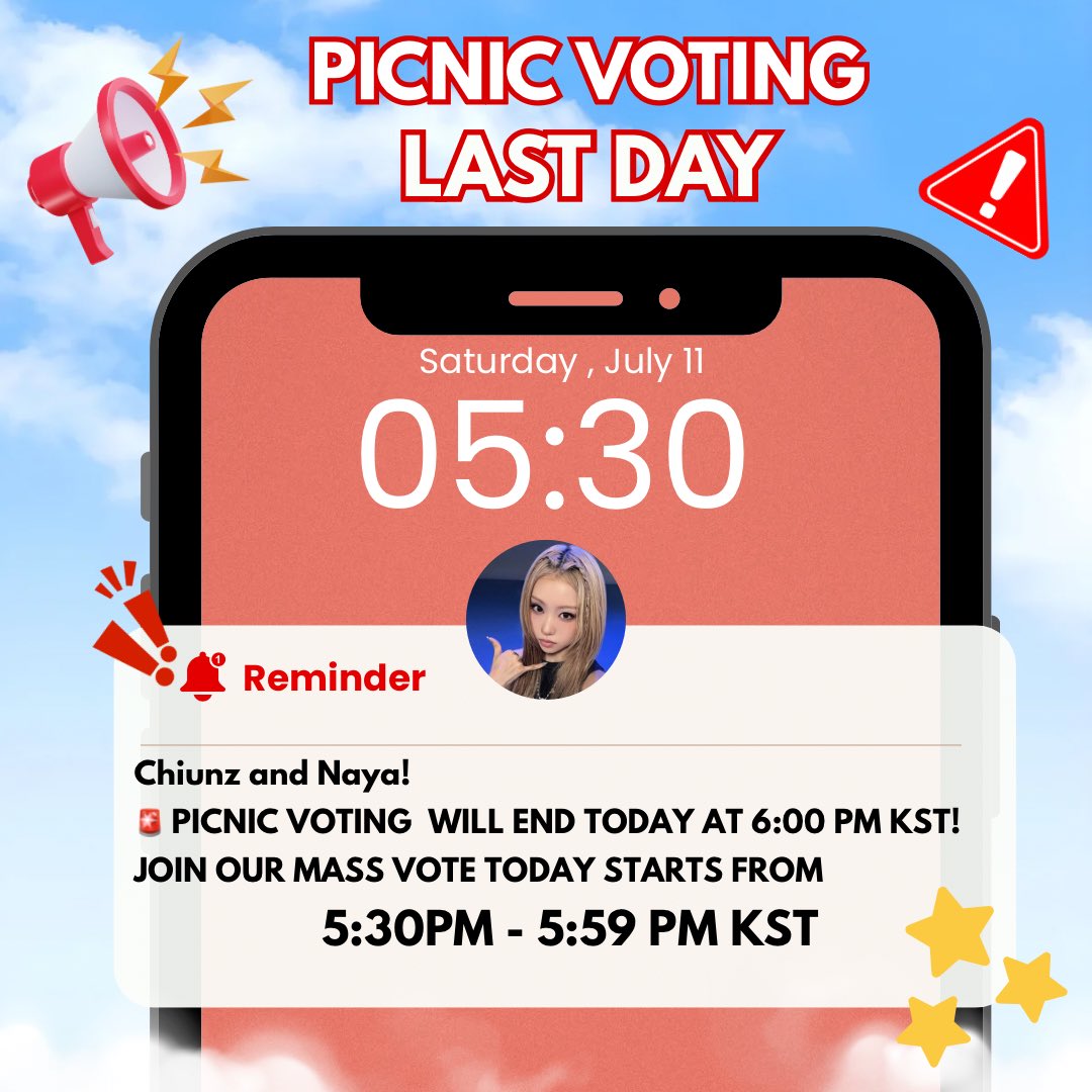 JUNGEUNGLOBAL's tweet photo. [🗳️] 260711 PICNIC MASS VOTE 💥

Chiunz and Naya! PICNIC voting will end today at 6:00 PM KST. We hope everyone will participation in this mass voting and drop all your star candy today!⭐️

⏰ Time: 5:30 PM – 5:59 PM KST
(Please drop all your star candy and make sure to vote before 6:00 PM KST )
🎯 Goal: 1st place in “August Birthday Poll (Female)”
✨ Prize: 3 ADs in 176 Sinbanpo-ro, Seocho-gu, Seoul 

Please help retweet this so everyone can know about it 💕 let’s win this for our jungeunie 🐆

#CHOIJUNGEUN #최정은 #ジョンウン #izna #이즈나