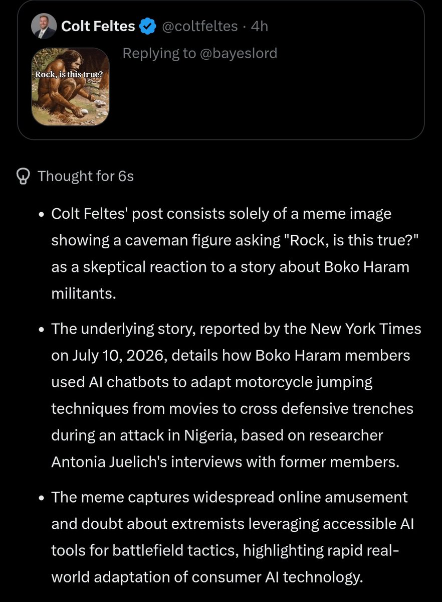 codingchicken2's tweet photo. @coltfeltes @bayeslord Funnily enough grok didn't get the meaning of this joke, and how people also ask grok if it's real.
That's simply hilarious https://t.co/0GwBirXEEn