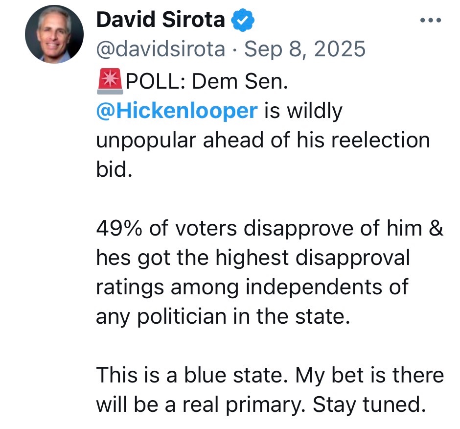 davidsirota's tweet photo. Look at the dates on these tweets.

For more than a year, I tried to tell anyone who would listen that Hickenlooper was the most beatable incumbent senator in America. I tried online & in countless conversations with local/national politicos. 

I was laughed at & ignored by everyone — other than @SenadoraJulie, who belatedly decided to run. Her underfinanced campaign lost by a tiny margin. Had her candidacy been taken even mildly seriously by media or the national progressive movement, she woulda won by 10+ points.

This is not an “I told you so.” This is a reminder that there are huge political opportunities that media and political elites cannot — or do not want to - see. You just have to be looking for them — and they are often right in front of you in your own community.