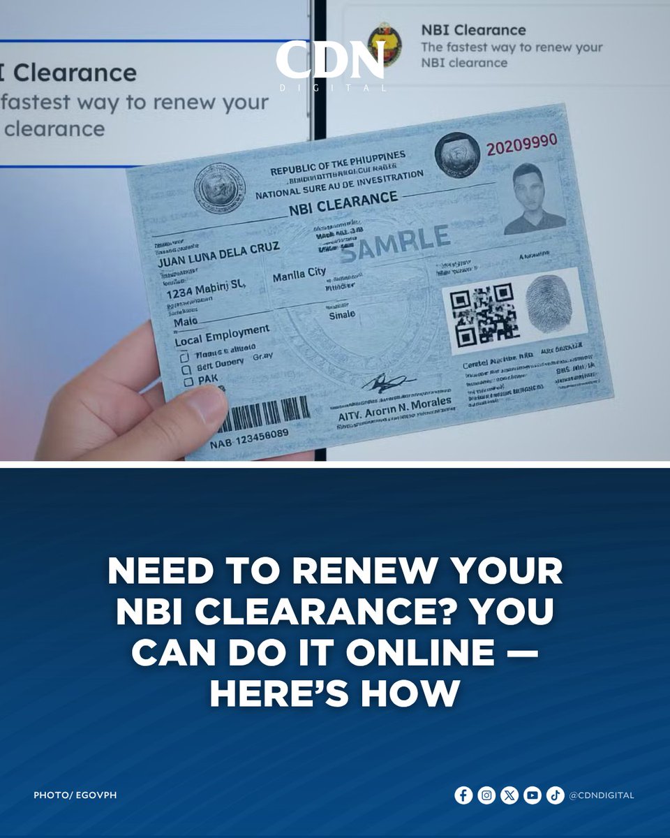 cebudailynews's tweet photo. NBI CLEARANCE, PWEDE NA ONLINE! 

Read story here: https://t.co/Wu0LipGL7b

Filipinos can now renew their National Bureau of Investigation (NBI) clearance entirely online through the eGovPH Super App, eliminating the need to go through the traditional renewal process and allowing users to access both digital and physical copies of their renewed clearance. #CDNDigital