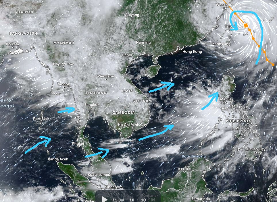 HelmutDuerrast's tweet photo. 11 Jul 26
Typhoon #Bavi enhances the #SWMonsoon over #Thailand resulting in stronger WIND and potentially more RAIN - via https://t.co/pKSr4mJbxf https://t.co/5aDzapPFTC