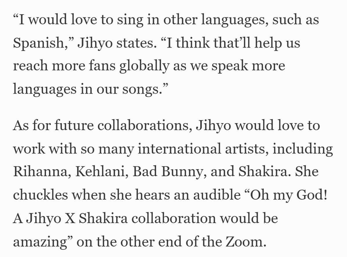 godmitzu's tweet photo. JIHYO says she would love to sing in other languages like Spanish and also collaborate with artists such as Rihanna, Kehlani, Bad Bunny, and Shakira. https://t.co/qGEker5tlY