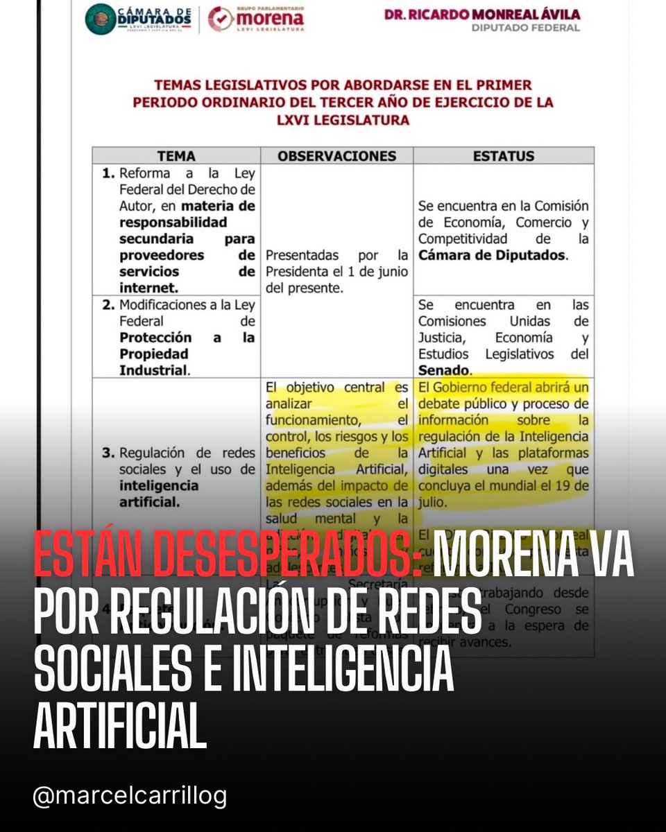 marcelcarrillog's tweet photo. Pues al parecer ya no son benditas, sino malditas, las redes sociales, porque los sucios morenistas ya están viendo cómo regularlas para detener la ola de repudio generalizado que los mexicanos muestran contra este asqueroso narcogobierno.

En la mira también está la inteligencia artificial, que ha sido una gran aliada para burlarse de estos vividores mediante imágenes, memes y videos que ridiculizan su corrupción y su maldad.

No cabe duda de que, ante la incapacidad de controlar la narrativa y pintar el país de fantasía que solo existe en su cabeza y en el imaginario que pretenden imponer, estos vástagos están sacando su cara más autoritaria.

No hay que dejarnos. Este es el último bastión de la libertad de expresión.