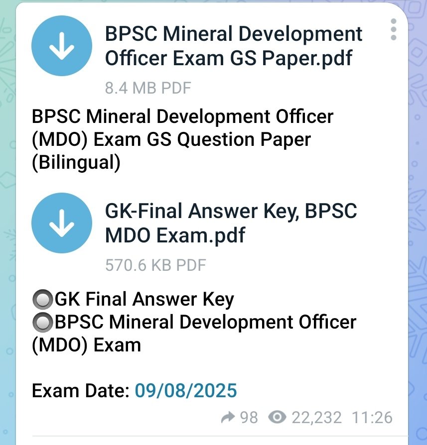CivilsNetwork's tweet photo. 🚨 Very Important For 72nd BPSC Prelims, AEDO, TRE-4 & Upcoming All Examinations

✅ BPSC द्वारा पिछले 1-2 साल में आयोजित लगभग सभी परीक्षा का Question Paper with Final Answer Key टेलीग्राम चैनल पर एक जगह एक साथ अपलोड कर दिया गया है, नीचे दिए लिंक से आपलोग जरूर डाउनलोड कर लें:

📌Question Paper Pdf- https://t.co/aXjVuBgZNX

यह👆👆आगामी सभी One Day Exam के लिए बहुत महत्वपूर्ण है, आपलोग इसे जरूर सॉल्व कर लें।

#BPSC #AEDO #BPSCPrelims #BPSCExams #BPSC_TRE4 #BPSC_TRE #BPSCTRE #BPSCTRE4 #TRE #TRE4 #BPSC72nd #72ndBPSC #72BPSC #BPSC72 #Bihar #BSSC #BPSSC #CSBC #BTSC #CivilsNetwork #UPPSC #UPSC
