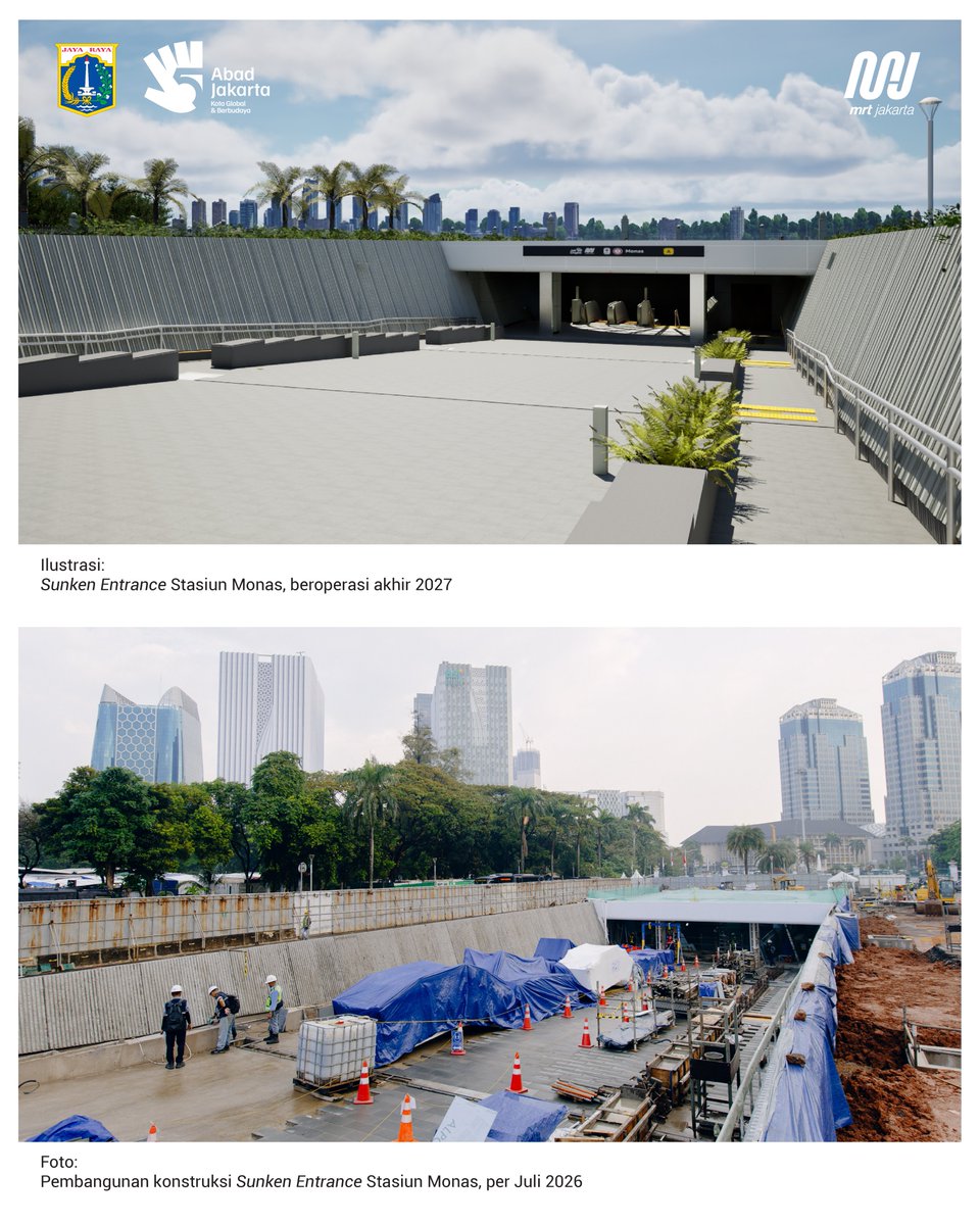 mrtjakarta's tweet photo. Ilustrasi sunken entrance Stasiun Monas, resmi dari MRT Jakarta.

Kurang dari sepuluh persen lagi, Stasiun Monas akan dinyatakan rampung dan dapat segera melayani perjalanan Teman MRT selangkah menuju Monumen Nasional, salah satu landmark Kota Jakarta yang menyimpan nilai sejarah penting bagi kemerdekaan Republik Indonesia. 

#MRTJakarta #UbahJakarta