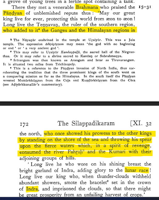 labstamil's tweet photo. Which was this Mupaattan Muruga's kingdom? Arivumathi again quotes Silapadhigaram 11,19-20 verse to claim this is a sea submerged hill "Kumari Kandam"

This is again a blatant distortion. The verse he quotes is actually a poem sung by a Brahmin (மாங்காட்டு மறையோன்) in praise of a Pandya king. This was the Brahmin who shared the route to Madurai to Kovalan and Kannagi.

The Brahmin praises the Pandya king thus: "Hail the Chandravanshi (திங்கள் செல்வன் திருக்குலம்) king, ruler of the south, who added to it the Northern Ganga and Himalayas, and who, to show his prowess to other kings, threw his spear which had the power to consume the river Pahruli and Kumari region and adjoining hills. Long live the king who wears the garland of the rain-controlling Indra."

This is obviously a poetic praise of a king Ugra Pandyan  (not Murugar), whose legend of stemming the tide with his spear is mentioned in Thiruvilayadal Puranam too.

If Arivumathi distorts this as King Murugar who ruled the submerged Kumari Kandam, does he also accept Murugar as a Chandravanshi Pandya king who wears the garland of the rain cloud controlling Indra, from the same verse? Cherrypicked distortions won't cut it.