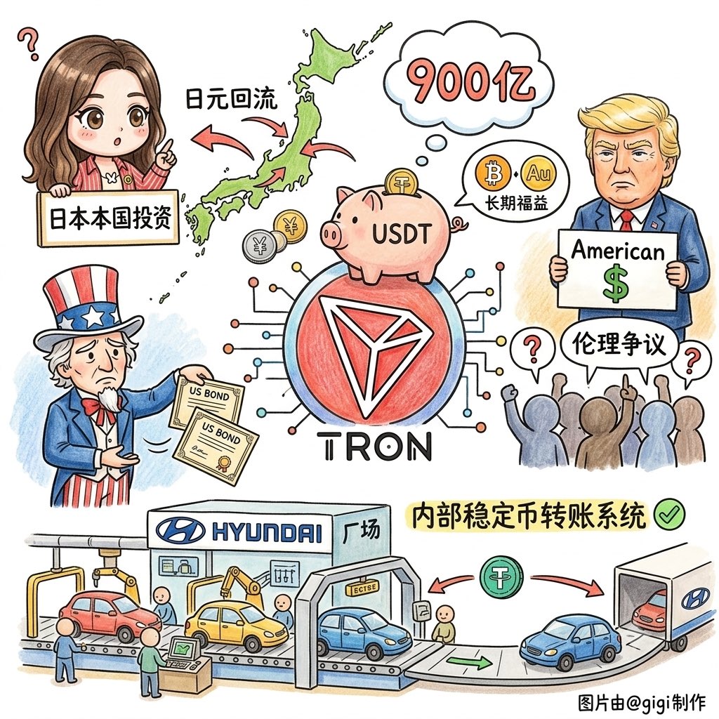 gigiz_eth's tweet photo. 今天有个值得聊的新角度是日本，财务大臣片山提出「本土投资」计划，逻辑是引导日本国内资金从海外资产回流本土，但日元还趴在近40年低位附近，这个组合很微妙

钱如果真的回流，短期对日元是利好，但同时也是日本人持有美债的动力在减弱的信号。对BTC和黄金来说，这条逻辑线是长期利多，日元持续贬值、美债吸引力下降，固定供应量的资产自然受益，但短期可能先跌一波再说

币圈这边，TRON上的USDT刚突破900亿美元，今年USDT在TRON上的转账量已经达到4.2万亿美元，这不是一个小数字，某种程度上TRON已经变成全球最大的稳定币结算基础设施，但这个故事从来没有BTC涨跌那么受关注

另外特朗普家族的American Bitcoin正式挂牌上市，伦理争议很大，因为特朗普作为总统对加密政策有直接影响力，同时家族企业在套利，这件事在美国的政治讨论里会持续发酵

美股今天要盯的是美国CPI数据，这是上周Fed纪要之后最关键的验证节点。纪要已经告诉你委员内部在讨论加息，CPI如果超预期，7月加息的概率就不再是小概率事件了

还有一条被低估的消息，现代汽车在韩国完成了首个企业内部稳定币转账系统。车企做稳定币，不是在做金融投机，是在把供应链结算链上化，这条路如果跑通，对跨境贸易结算的意义远比又一个新公链的上线更实在

DYOR 非投资建议