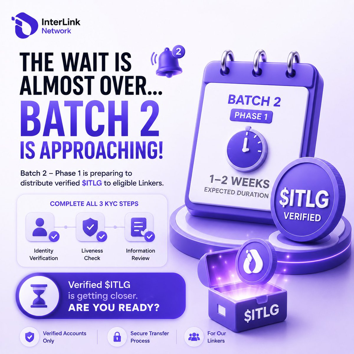 InterlinklabsEt's tweet photo. 🚨 The Wait Is Almost Over… Batch 2 Is Approaching!

The next major milestone for the InterLink community is getting closer.

Batch 2 – Phase 1 is preparing to distribute verified $ITLG to Linkers who have successfully completed all 3 KYC verification steps.

Once enough verified accounts are confirmed, the transfer process will begin and is expected to take around 1–2 weeks.

If you’ve completed your KYC, this is the update you’ve been waiting for.

⏳ Verified $ITLG is getting closer. Are you ready?

#InterLink #ITLG #ITL