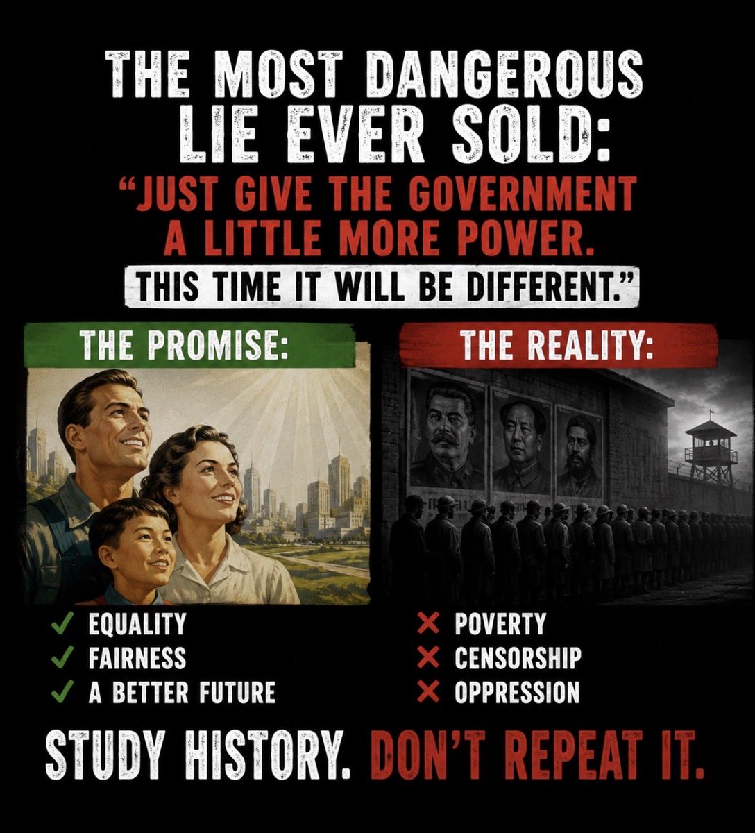antikommunistic's tweet photo. The most dangerous lie ever sold:

“Just give the government a little more power. This time it will be different.”

Communism has been tested across continents for more than a century.

The results are remarkably consistent:
📉 Poverty.
🤐 Censorship.
🚔 Political repression.

Study history before repeating it.