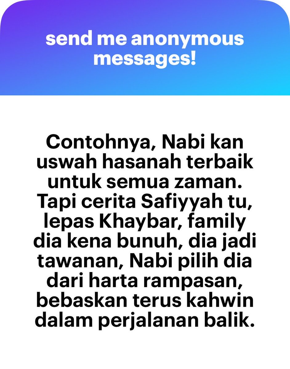Cukifdesu's tweet photo. Inilah contoh terbaik dari Nabi ﷺ. Imagine kalau Raja Parsi atau Rom dapat tawanan perang, adakah mereka akan bebaskan Safiyyah R.A kemudian bernikah dengannya? Tak.

In fact mereka mungkin hanya jadikan Safiyyah sebagai hamba.

Sedangkan Rasulullah ﷺ pula menjadikan Safiyyah R.A sebagai isteri kemudian melayaninya dengan sebaik-baik layanan.