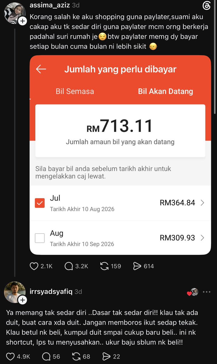 zafranmustafa's tweet photo. Isteri yang tak pandai nak ukur baju di badan sendiri. Jangan bebankan suami sampai berhutang. 🫠 https://t.co/CBLfGROcqJ