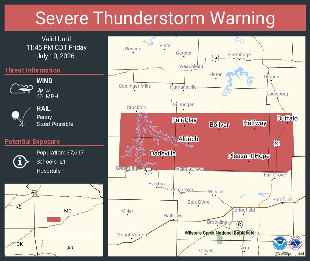 NWSSpringfield's tweet photo. Severe Thunderstorm Warning including Bolivar MO, Buffalo MO and  Pleasant Hope MO until 11:45 PM CDT https://t.co/VboHfFJEkS
