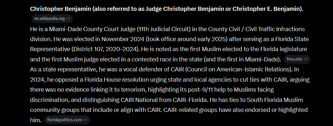 DOGEmployee_121's tweet photo. @RCJdpoctner @GovRonDeSantis  Please Help us in Miami-Dade with this rogue Judge Christopher. 

He is subverting American law, uses 2 tier justice, he will not prosecute, or convict any Muslim for ANY Crime, and its letting them feel Immune to Crime in Miami

The CAIR group are DANGEROUS https://t.co/PTvorPAVjk