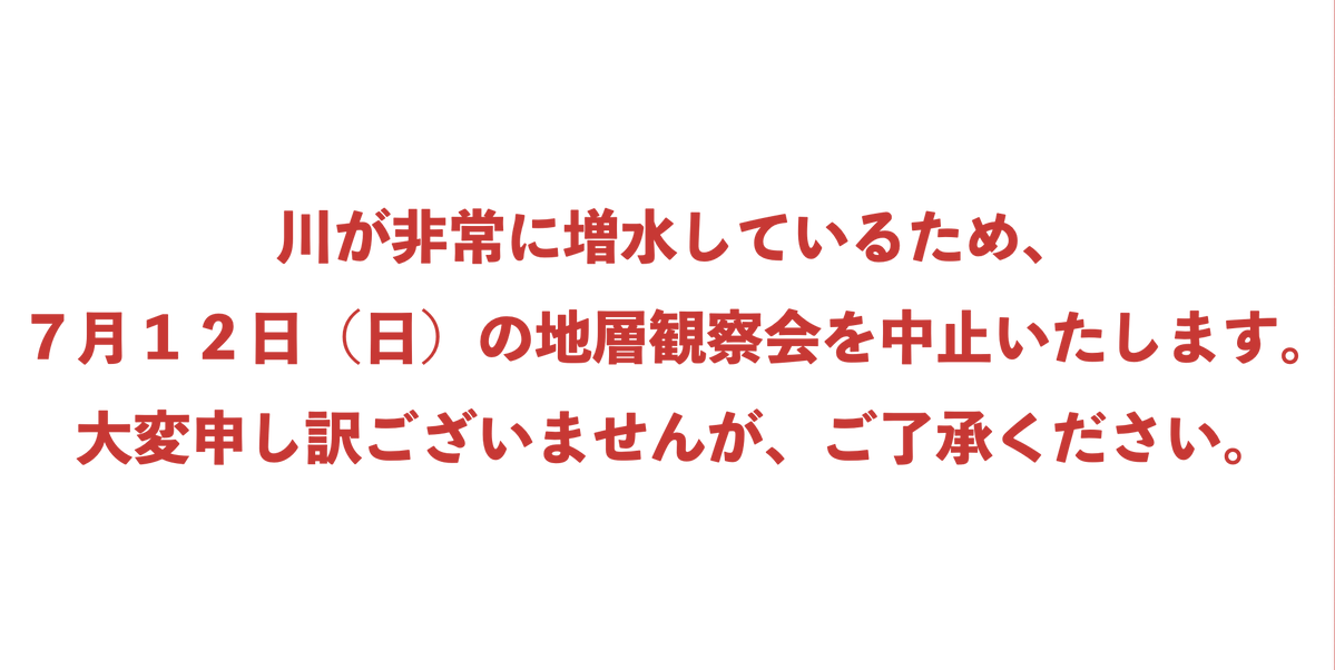 NumataFossilMus's tweet photo. 【地層観察会中止のお知らせ】 連日の雨で川が１mほど増水しており、大人でも非常に危険なため、７月１２日（日）に予定されていた地層観察会を中止させていただきます。  

参加予定の皆様には、大変申し訳ございませんが、ご了承のほどよろしくお願いいたします。 https://t.co/dtUvOFCFQc