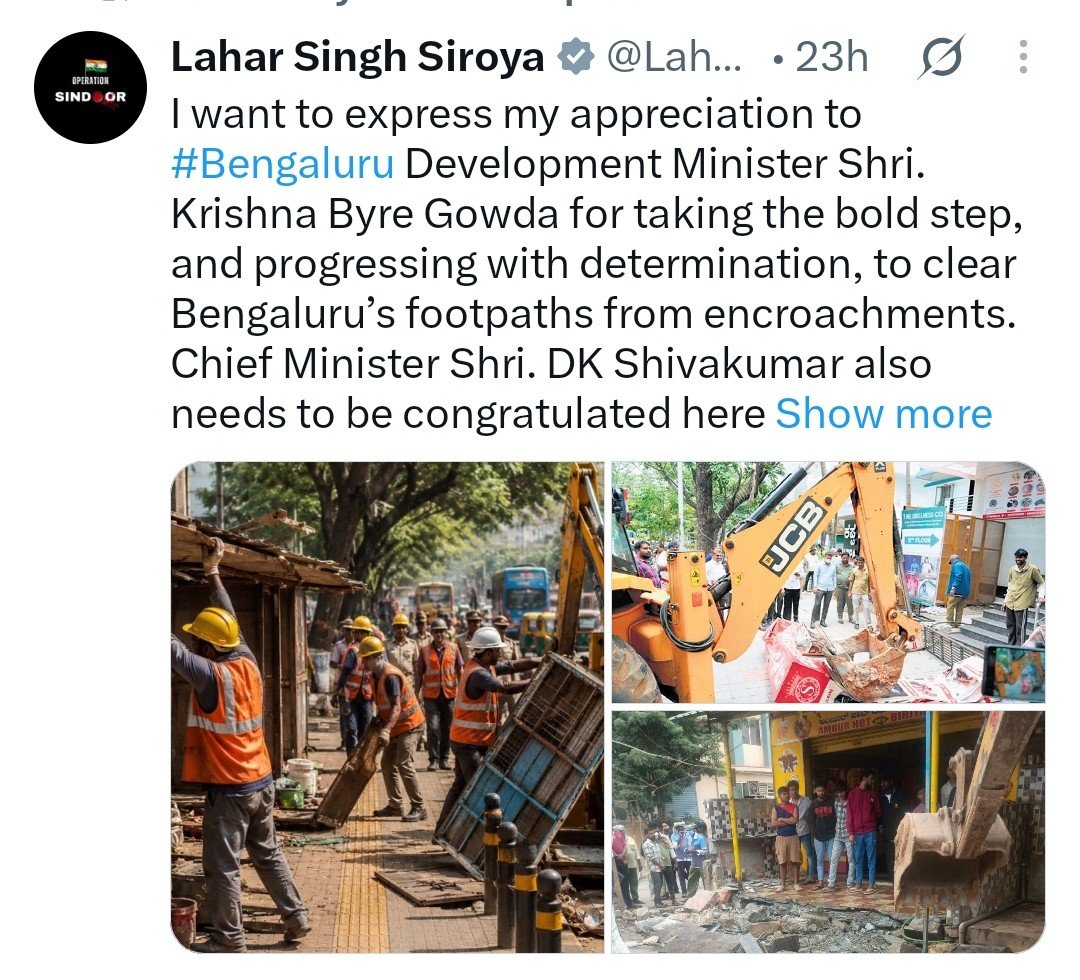 Maheshbr4U's tweet photo. ■Is it a Dream..Is it Possible...Yes it is■

The Dynamic duo of #Karnataka CM @DKShivakumar & #Bengaluru dev. min. @krishnabgowda had done something unthinkable, in #India in Just a Month.

430 KMs of Footpath in Global Tech City Bengaluru has been freed from the, Interstate mafia backed encroachments & the Mission is on to claim back full.....also abandoned vehicles on roads are being  dispatched to scrap yard.

Even the Opposition BJP MP @LaharSingh_MP could not stop praising it 🙌

@CMofKarnataka @KBGBlrDevUpdate
@PriyankKharge @DgpKarnataka