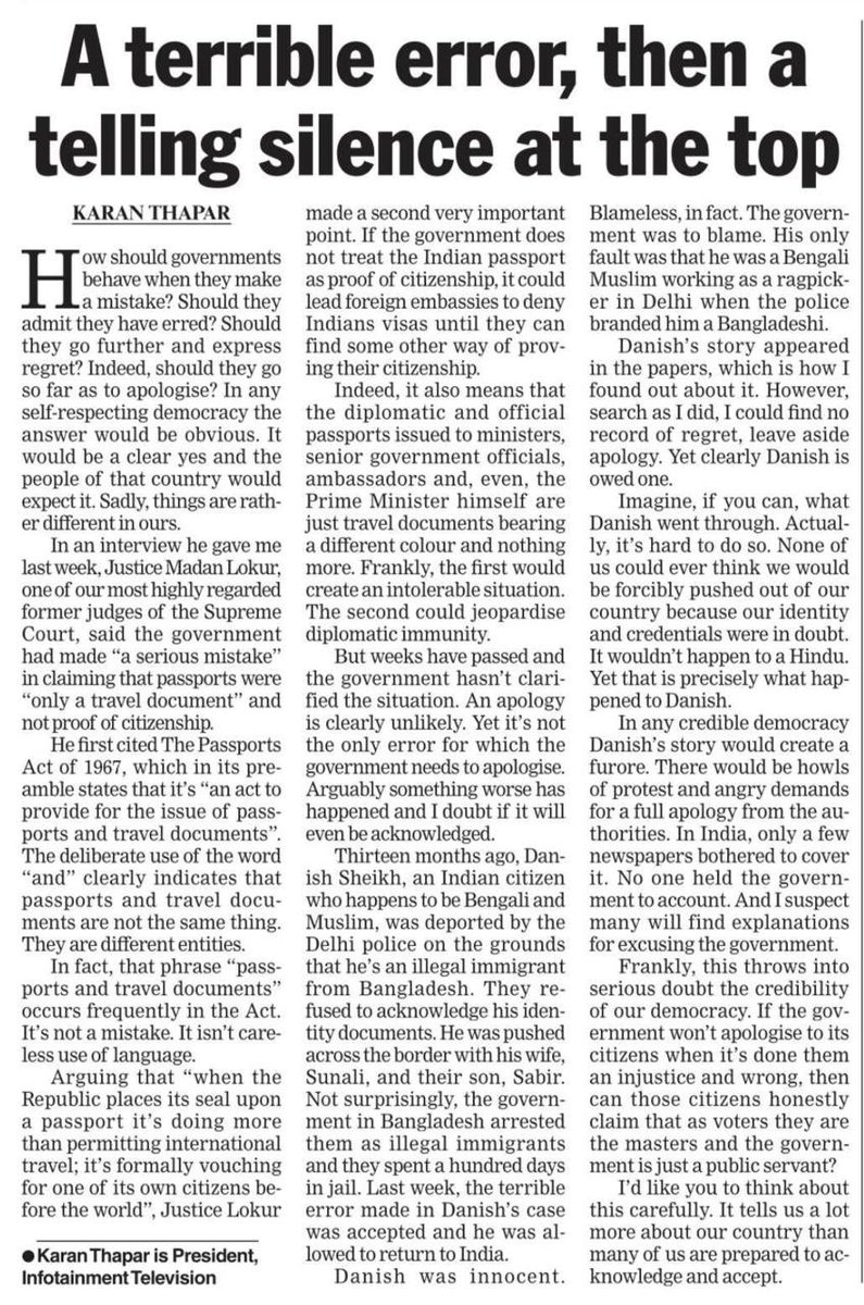 seemay's tweet photo. A very fine piece from @kthaparoffice - what the dangerous comments on passports from GOI tell us + no apology about Sunali Khatun’s family being illegally pushed to Bangladesh from GOI. https://t.co/iyiHdLBUhZ