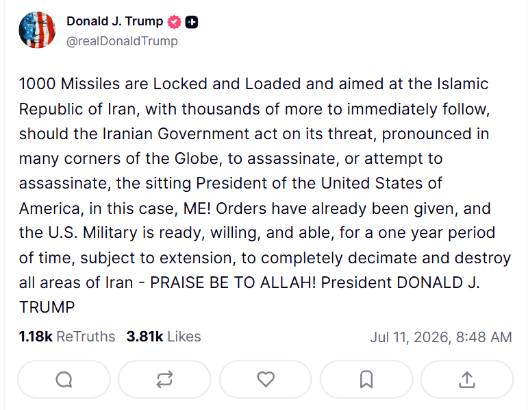 NDTVProfitIndia's tweet photo. #DonaldTrump issues a fresh warning to Iran. 

The US President claimed that "1,000 missiles are locked and loaded" if Tehran attempts to assassinate him, saying the US military has already been instructed to respond with overwhelming force. https://t.co/eudisv9uiD
