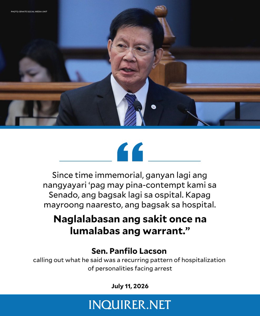 inquirerdotnet's tweet photo. ‘NAGLALABASAN ANG SAKIT ONCE NA LUMALABAS ANG WARRANT'

Sen. Panfilo “Ping” Lacson explained his recent “bawal magka-warrant, baka magkasakit” tweet during an interview with DZMM, calling out what appears to be a recurring pattern of personalities suddenly falling ill and being hospitalized when facing arrest.

Lacson cited the case of former DPWH Secretary Manuel Bonoan and Sen. Rodante Marcoleta, who are both confined at the PNP General Hospital while facing non-bailable plunder charges.

READ RELATED STORY: https://t.co/aN9zM1sZRe