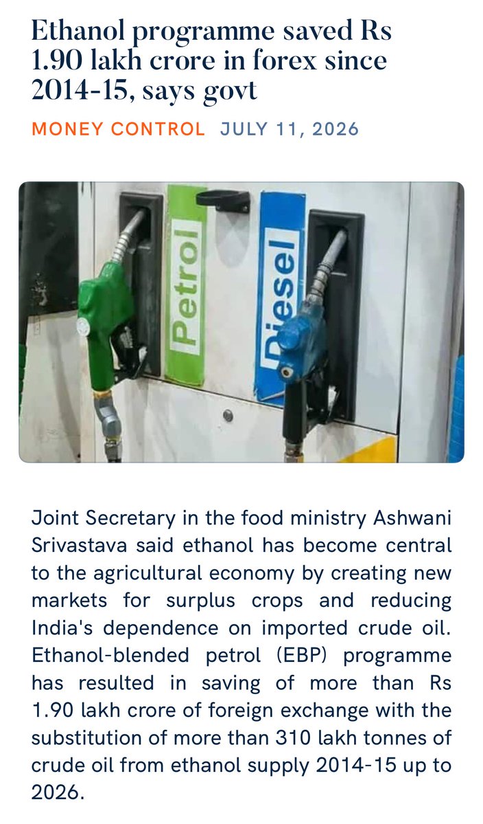R_PradeeshKumar's tweet photo. Ethanol programme saved Rs 1.90 lakh crore in forex since 2014-15, says govt
 https://t.co/JJqqJvSnDD

via NaMo App https://t.co/SyqHuEemKS