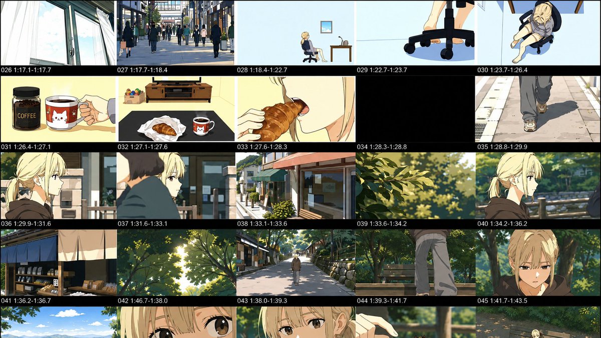 hii_roto's tweet photo. コロテック応募作品中で工夫したポイントについて…　

1, 【俯瞰とアオリを用いた心理的な変化の演出】
動画前半では俯瞰での撮影を多く、そして後半になるにつれてアオリを増やしました。これによって女の子が地に足をつけ、過去と向き合い、どっしり構えられるようになるという心理変化を示しました。　　　

2,【ストーリーを語りたいなら文法に従う】
基本は英語の文法と同じSVOの順で絵を並べます。　
S（主役は誰か）→V（その動作は何か）→O（動作の対象は何か）です。逆に、Oを強調したい場合はO→V→Sと倒置させると良い…と『動画の文法』という本から学びました。

3，【進行方向が与える印象の違い】
「右→左」、「右上→左下」「上→下」「右奥→左手前」はどうやら物理的に受け入れやすいというか、安心して見てられる動きのようで、心理的な負担が少ない模様。
一方で、その逆「下→上」「左下→右上」は重力に逆らってるように感じら努力を要するので負担大きめ。
加えて、「左→右」への動きも同様に負担が大きい。マリオやポケモンなどで敵と戦う時は自分が左側に配置され、右に向かって進みますよね。同様に立場の弱い人が左側、強い人が右側というのはテレビ番組でも見られるとのこと。

本作品では、
右側に向かって歩く　　
　→もやもやしながら過去に思いを馳せる。
左側に向かって歩く　　
　→過去と向き合い、別れを告げる。

4,【観てくれる人の負担を減らし、心地よさを…】
・常に絵の中心、あるいは前カットと同じ位置に被写体を配置しました。それによって、視線を動かすといった見てる側の負担を減らせます。

・インサート（木々やコーヒー、店などをメインに映す）を加えることで陳腐になるのを防いでます。AIにポンと任せると、ずっと被写体が映り続けることってよくありますよね。「見飽きたわっ！」って言いたくなるやつです。それに対処する時に有効です。また、舞台や文脈（コンテキスト）をSVOの前に見せることで、「ここはどこ？どの場面？」といった受け手側の認知的な負担を減らせます。
※これはAIにしっかり指示してやらないと上手く生成してくれない

5，【キャラクターに共感してほしいとき】
・ヘッドルーム（頭上と上部分の枠に空いた余白）
・ルッキングルーム（サイドビューで配置する際に右側を空けるのか、左を空けるのか…みたいな）
　　　　　　　　　　　…を上手く使い分ける。

受け手に女の子の感情をしっかり伝えたい、あるいは共感してほしいときは、ヘッドルームを無くして距離を縮めたり圧迫感を出したりする。
※普通は女の子が左側を向くときは左側にスペース、つまりルッキングルームを空けることで女の子の視線の先に新たな空間があることを予期させ、窮屈な感じを減らすことができますが、あえてそれを無くすことで不安定な心理を演出する。
『葬送のフリーレン』ではこの使い方が非常に洗練されており…めっちゃ最高でした（語彙力を失う）。