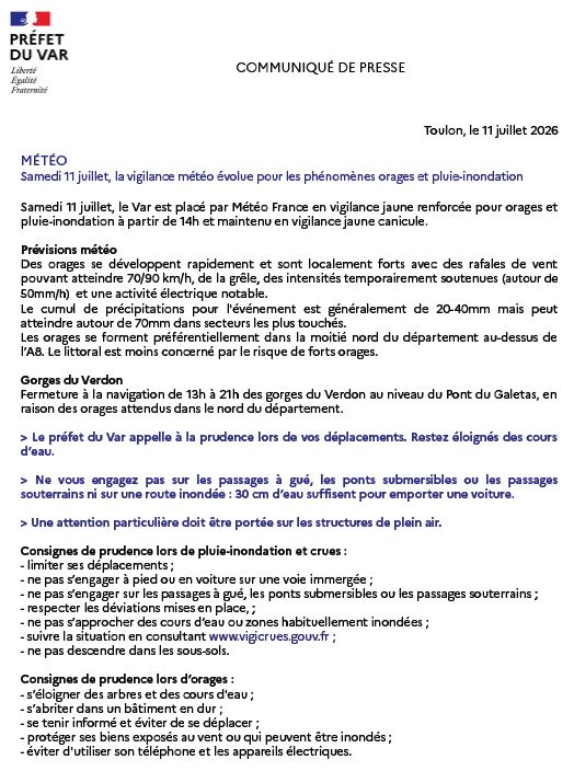 Prefet83's tweet photo. #METEO83| Ce samedi 11 juillet, dans le #Var à partir de 14h la vigilance météo évolue en 🟡vigilance JAUNE RENFORCÉE pour les phénomènes orages et pluie-inondation. La vigilance jaune #canicule est maintenue.
Le communiqué de presse⤵️
⚠️En raison des orages attendus dans le nord du département, la navigation dans les Gorges du Verdon à partir du Pont du Galetas est fermée à partir de 13h jusqu'à 21h.
Restez informés 👉 https://t.co/bW6uS70sta