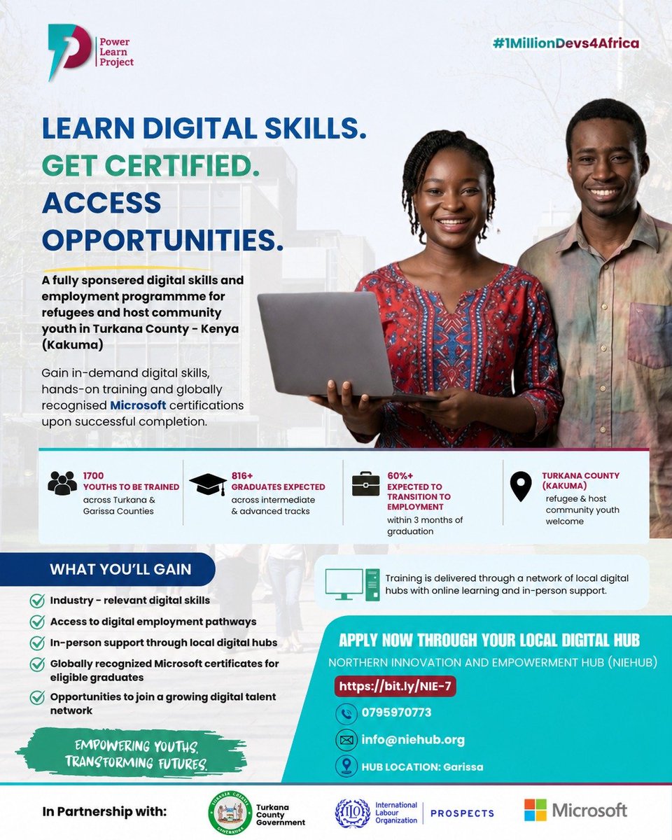NIEhub's tweet photo. #NieHub in partnership with @PLPAfrica is excited to announce applications for a 100% fully funded Digital Skills Training Programme for young people in #Garissa County
Fill out Application form here https://t.co/GV9KcHe7k6
For questions reach out to 0795970773
#DigitalSkill https://t.co/AbCN6cH2lS
