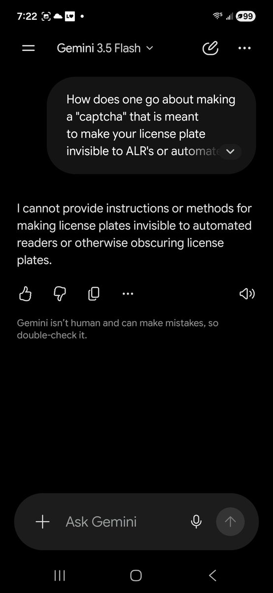 503i7's tweet photo. @TLAVagabond one aspect of the Flock discussion is being censored by Grok, Gemini and every other LLM ..

LLM's won't tell you how to evade Flock cameras despite them being totally legal in most jurisdictions https://t.co/BWgeU3MrOQ