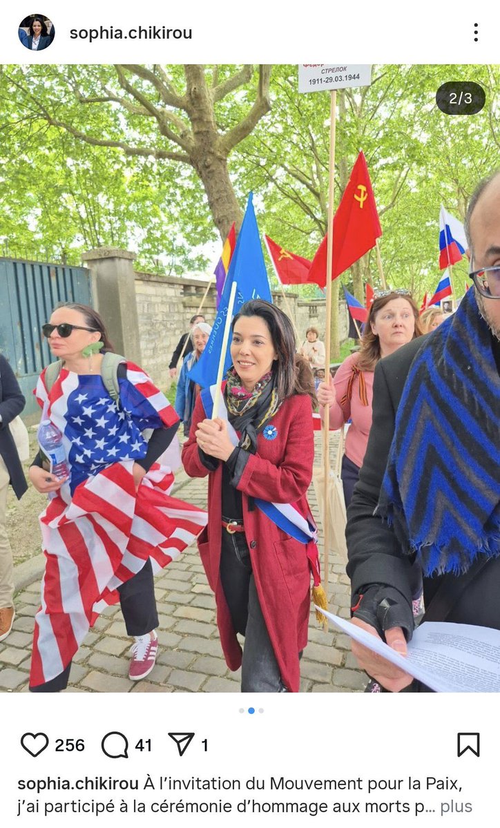 P_Kallioniemi's tweet photo. One comrade has his favor though: Sophia Chikirou, reportedly his partner. She’s praised Hamas and attended vatnik events with Russian flags galore. Chikirou described possible Ukrainian EU or NATO membership as a “provocation” — Europeans must submit to Russia’s whims.

13/23 https://t.co/Q1lTVJIoTq