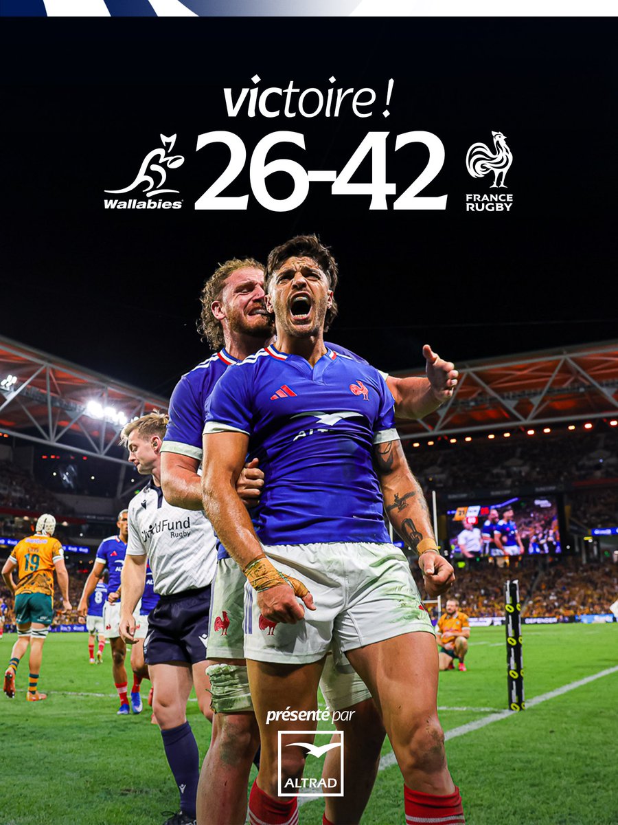 FranceRugby's tweet photo. 💪𝐕𝐈𝐂𝐓𝐎𝐈𝐑𝐄 𝐅𝐑𝐀𝐍𝐂̧𝐀𝐈𝐒𝐄 😍

La première victoire du #XVdeFrance dans ce Nations Championship 🔥 

Les Bleus l’emportent face à l’Australie, pour la première fois à Brisbane depuis 1972 😤

#XVdeFrance #AUSFRA https://t.co/OzmwqHzVuq