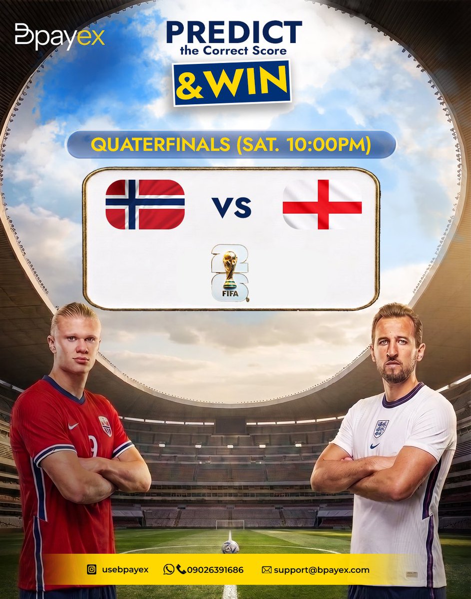 usebpayex's tweet photo. QUARTERFINAL SHOWDOWN! 🔥

🇳🇴 Norway 🆚 🏴 England

Who takes the win tonight? 🤔

Drop your exact score prediction in the comments along with your BPayex username for a chance to win! 🎁

⏰ Kickoff: Saturday, 10:00 PM (WAT)

Think you’ve got it right? Prove it! 👇 https://t.co/iyZlVzZyli