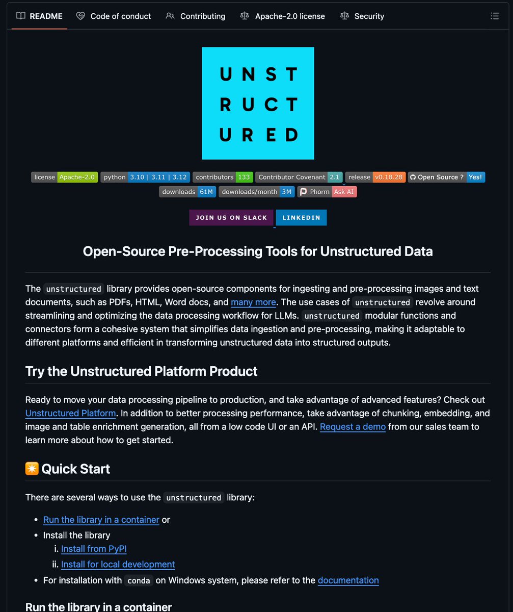 Unstructured repository page showing document ingestion and ETL tooling for PDFs, HTML, images, and other unstructured sources