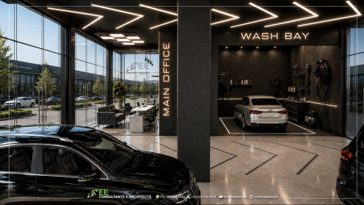 seeca_pk's tweet photo. Presenting the exterior and interior design of Auto Xtreme Car Showroom in Riyadh, Saudi Arabia, designed for Mr. Haider Ali.
A bold façade, cyan profile lighting, premium display areas, PPF detailing zone and professional wash bay define this modern automotive space. https://t.co/88p49o2DcB