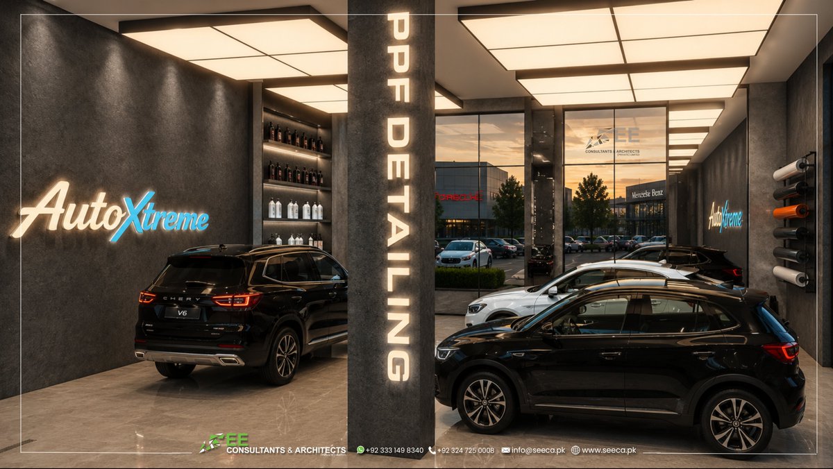 seeca_pk's tweet photo. Presenting the exterior and interior design of Auto Xtreme Car Showroom in Riyadh, Saudi Arabia, designed for Mr. Haider Ali.
A bold façade, cyan profile lighting, premium display areas, PPF detailing zone and professional wash bay define this modern automotive space. https://t.co/88p49o2DcB