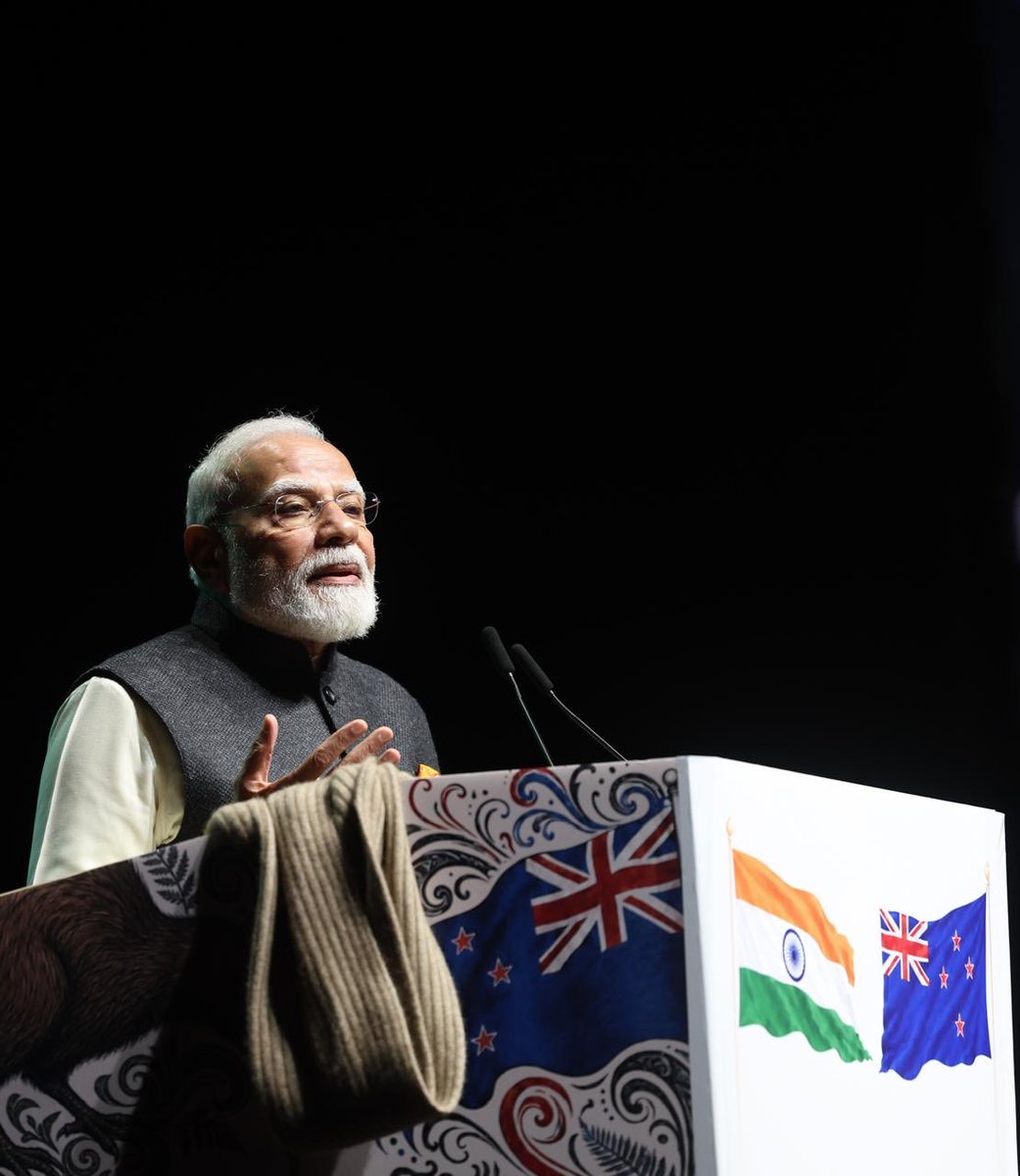 MEAIndia's tweet photo. Celebrations at a home away from home!

Prime Minister @narendramodi addressed the Indian community at the “Kia Ora Modi” event at Spark Arena in Auckland alongside Prime Minister @chrisluxonmp.

The Spark Arena was filled with warmth, energy and enthusiasm as thousands of members of the Indian diaspora from across New Zealand gathered for the event.

Prime Minister highlighted the significant contributions of the Indian diaspora in strengthening the relationship between the two countries. He also lauded the achievements of Indians across all walks of life in New Zealand and urged them to continue sharing their warmth and vibrancy with the local communities, thereby strengthening people to people ties. 

PM expressed gratitude to Prime Minister @chrisluxonmp for his support and care for the Indian diaspora.