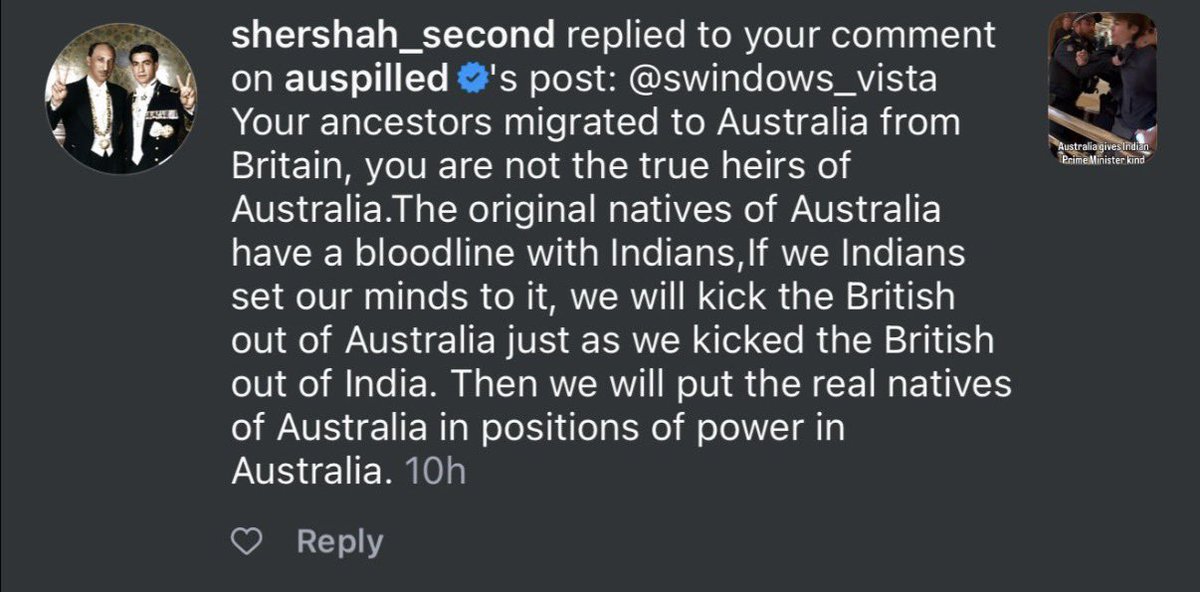 TruthFairy131's tweet photo. Indian says Indians are the true heirs of Australia &amp; that they want to kick the ‘British’ out of Australia.

And they wonder why anger, frustration &amp; resentment is growing 🤨 https://t.co/Hw3NXEnboi