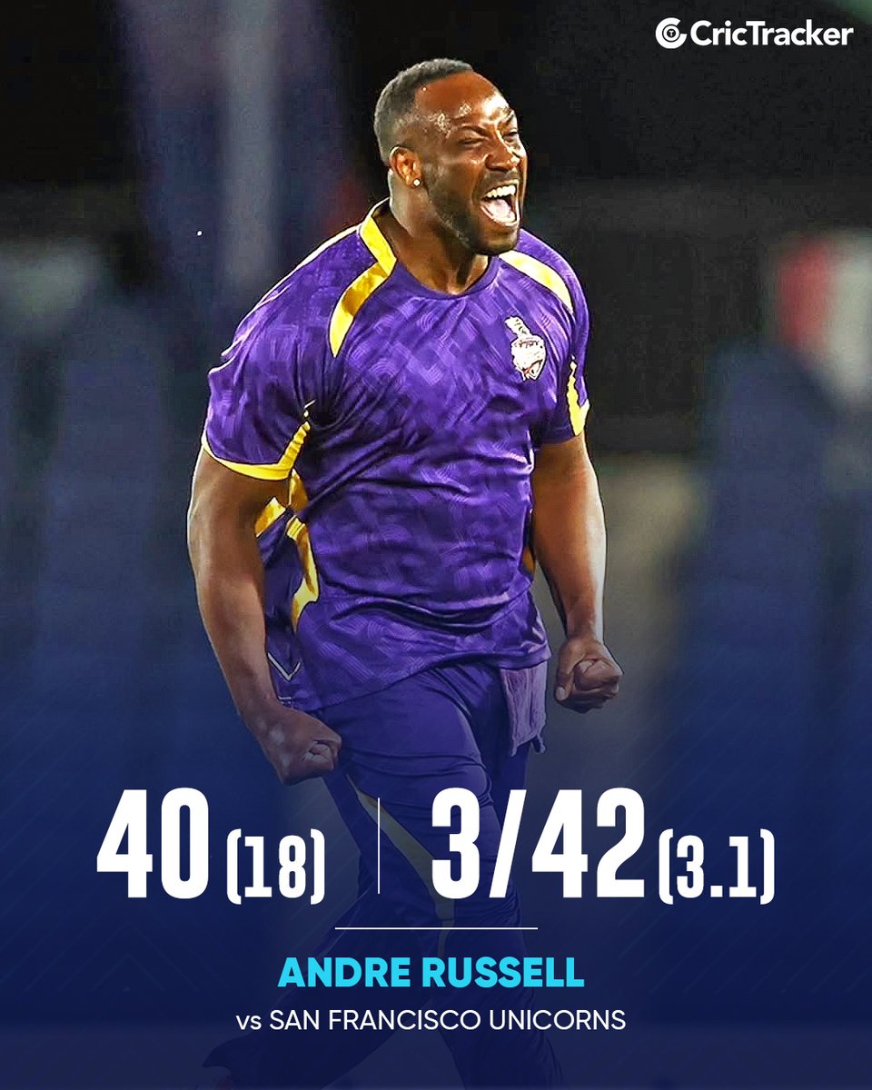Cricketracker's tweet photo. Andre Russell was unstoppable against San Francisco Unicorns, showcasing a sensational all-round performance 🥵
📸 - LAKR/IG, MLC/IG
#AndreRussell #DreRuss #LAKR #LAKRvSFU #LosAngeles #KnightRiders #MLC2026 https://t.co/UyzcjKzK0B