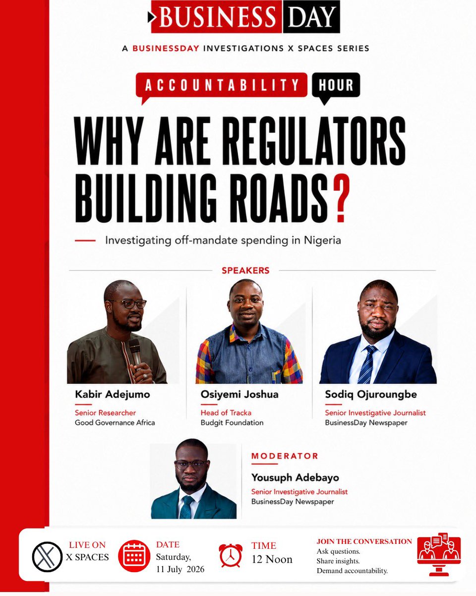 BusinessDayNg's tweet photo. When agencies spend outside their mandates, who is accountable?

Join us today we unpack one of the most overlooked issues in Nigeria's public finance system.

#AccountabilityHour

🕛 July 11 | 12 Noon WAT

https://t.co/zUSht8nnOz https://t.co/hWMxq365P1