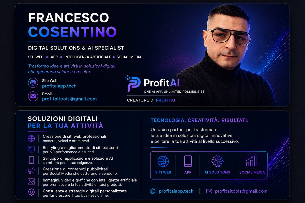 FraCosentinoAI's tweet photo. Trasformo idee e attivit�� in soluzioni digitali.

Siti web, applicazioni, soluzioni AI e contenuti pubblicitari per aiutare professionisti e attività a crescere online.

Creatore di ProfitAI.

🌐 https://t.co/ygBP0rlNEL
✉️ profitaitools@gmail.com
Tecnologia. Creatività. Risultati https://t.co/3PGAkYJ12f