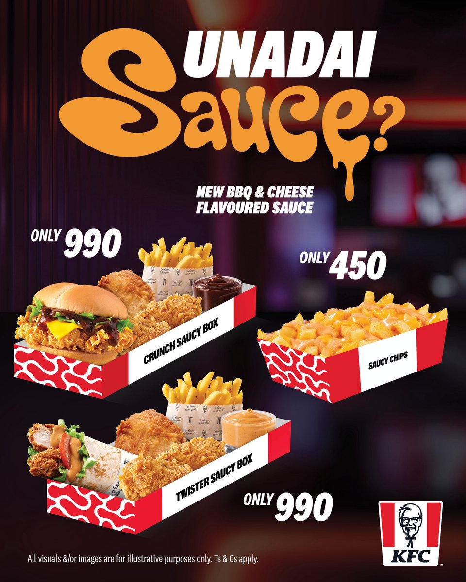 KFCinKenya's tweet photo. The wait is over. The sauces are here🔥

From the Saucy Box to your favourite KFC meals, every bite just got saucier. The choice is yours: BBQ or cheese-flavoured.

The question remains….Unadai Sauce? https://t.co/qBuZPUuHf3