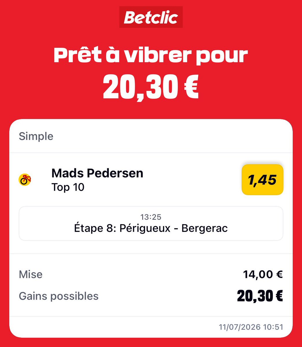 Scom_Bet's tweet photo. Montante Tour de France🚴

Step2🪜
Étape 8 : Mads Pedersen TOP 10 @ 1,45

14€ => 20,3€

#ParionsSport #TeamParieur #TDF https://t.co/cMKBLL4cO6