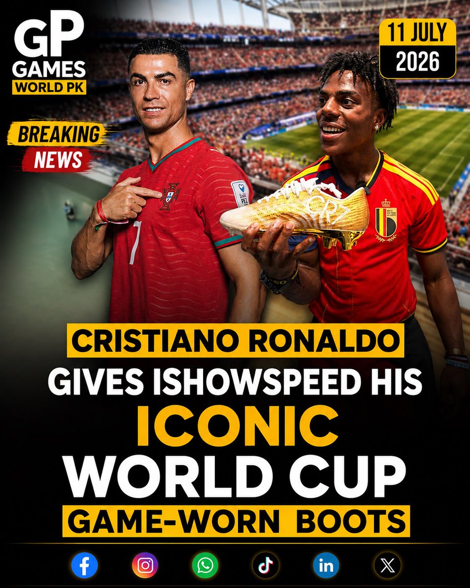 gameworldpk577's tweet photo. ⚽ Cristiano Ronaldo Gifts IShowSpeed His Iconic World Cup Boots

Football legend Cristiano Ronaldo has gifted his iconic game-worn FIFA World Cup boots to popular streamer IShowSpeed, creating one of the most talked-about moments among football fans.

#CristianoRonaldo #Portugal https://t.co/mVBQ3HCTD9