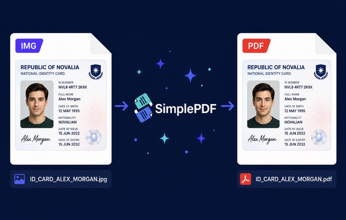 simple_pdf's tweet photo. Starting now, you can upload any image to SimplePDF and instantly convert it into a PDF 🪄

Perfect for IDs, receipts, whiteboards, handwritten notes, forms, screenshots or anything else you need to share as a PDF

Just upload. Convert. Done! ✨

#PDFWorkflows #DocumentAutomation #ProductUpdate #ImageToPDF