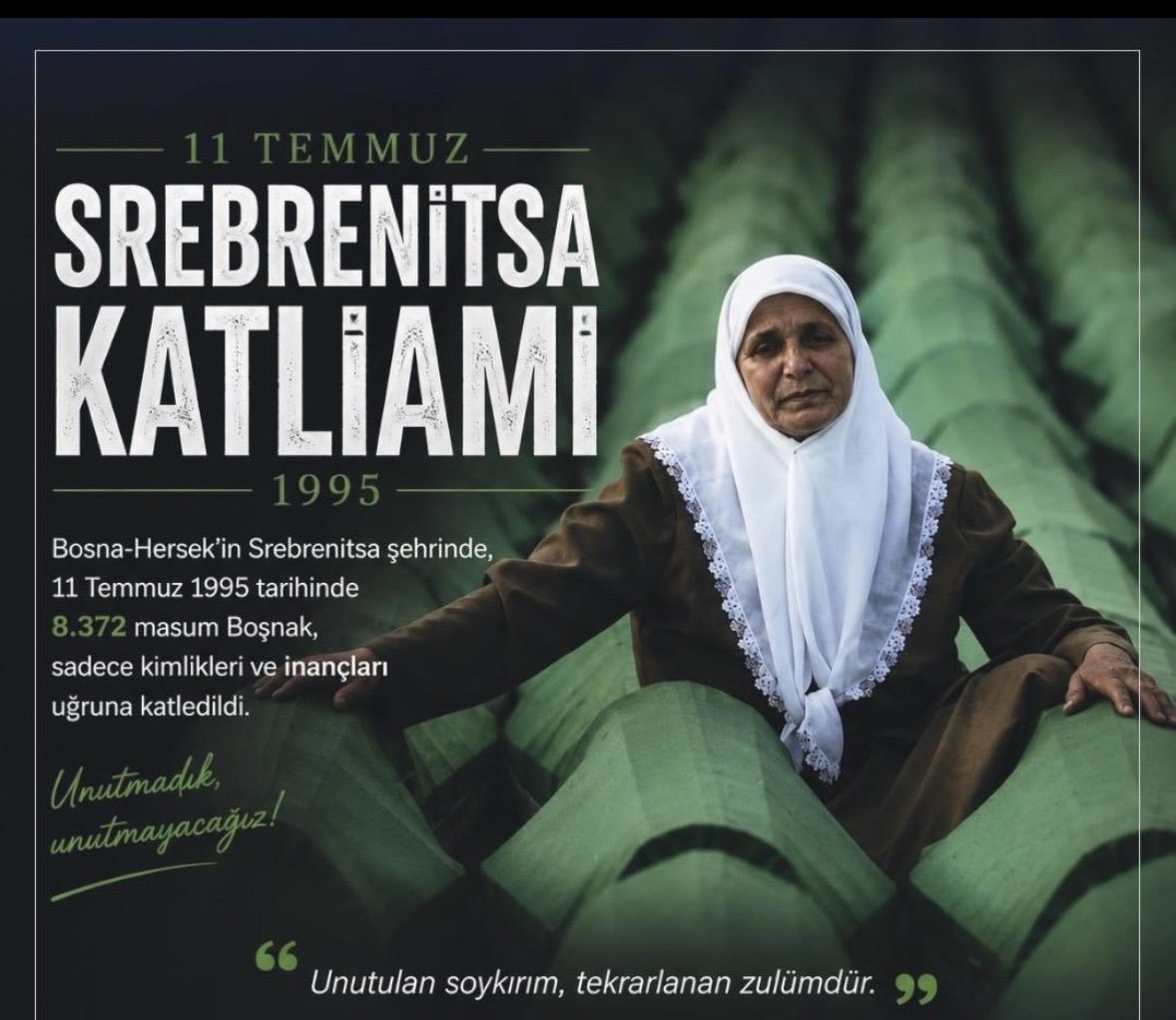 SelmanAli's tweet photo. | "Ne yaparsanız yapın, ama soykırımı unutmayın. Çünkü unutulan soykırım tekrarlanır."

İnsanlık tarihinin en büyük katliamlarından biri olan Srebrenitsa Soykırımı, 11 Temmuz 1995'te Bosna Hersek’in doğusundaki Srebrenica'da yaşandı. 🕊️ https://t.co/YlfmnsmcD3