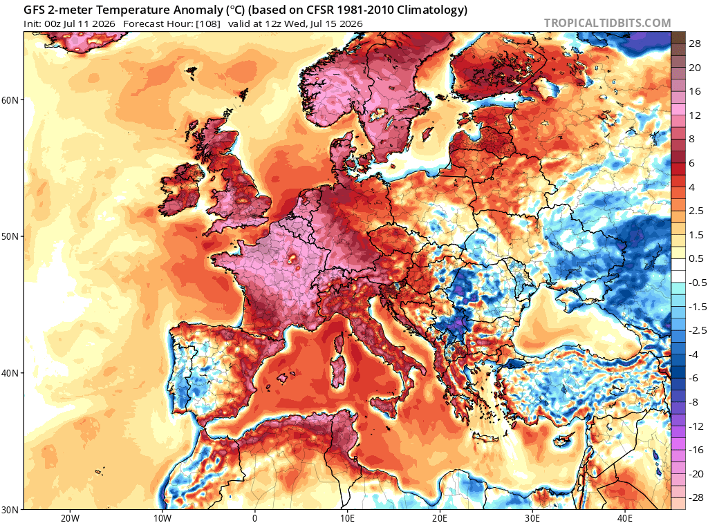 alexmegapc's tweet photo. #meteoexpress A partir de diumenge la calor anirà a més, un embossament fred situat al SW començarà a bombejar aire càlid del nord d'Àfrica acompanyat de polsim saharià, tornant a fer pic de calor dimecres. Tot i això, sembla els models han rebaixat una mica la pistonada i posen de 26/28 a 850 hpa uns 1500m, on havien posat fins als 30. Tornarem a tindre molta calor, i la diferència és que no serà tan seca, de fet a la costa el mercuri no pujarà tant, però la xafogor serà molt pesada. Els extrems el tornaran a tindre França i alguns països europeus. La bona notícia és que a punta a què el cap de setmana que ve podríem tindre una normalització canicular, sense els extrems que patim aquests primers 15 dies de juliol.#meteo