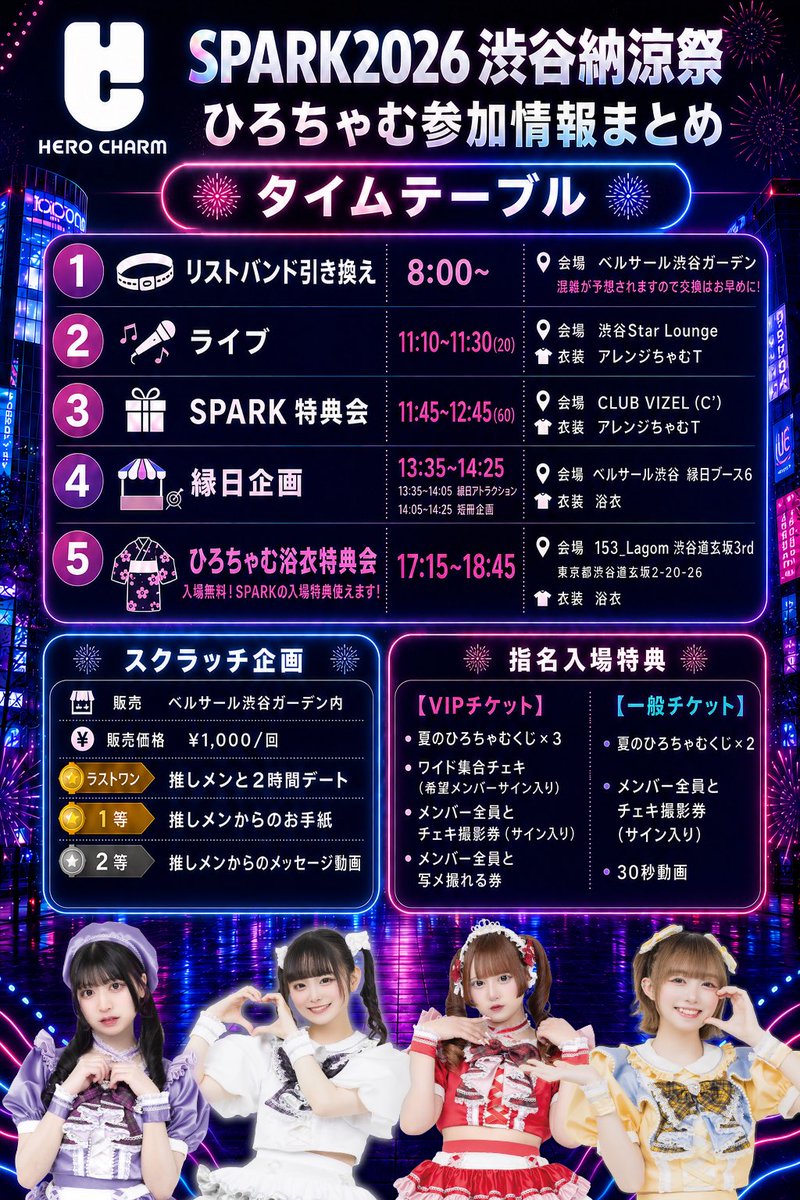hero_charm's tweet photo. 【SPARK2026 渋谷納涼祭🎆】

7月12日(日)のひろちゃむ参加情報をまとめました✨

🎫リストバンド引き換え　8:00〜 🎤ライブ　11:10〜11:30 🎁SPARK特典会　11:45〜12:45 🏮縁日企画　13:35〜14:25 👘ひろちゃむ浴衣特典会　17:15〜18:45
📍153_Lagom 渋谷道玄坂3rd 
　渋谷区道玄坂2-20-26

浴衣特典会は入場無料！ SPARKの指名入場特典も使用できます🌟

スクラッチ企画や豪華な指名入場特典もあります！ 詳しくは画像をご確認ください💫
ひろちゃむと一緒に夏の思い出を作ろう〜！🎇

#ひろちゃむ #SPARK2026