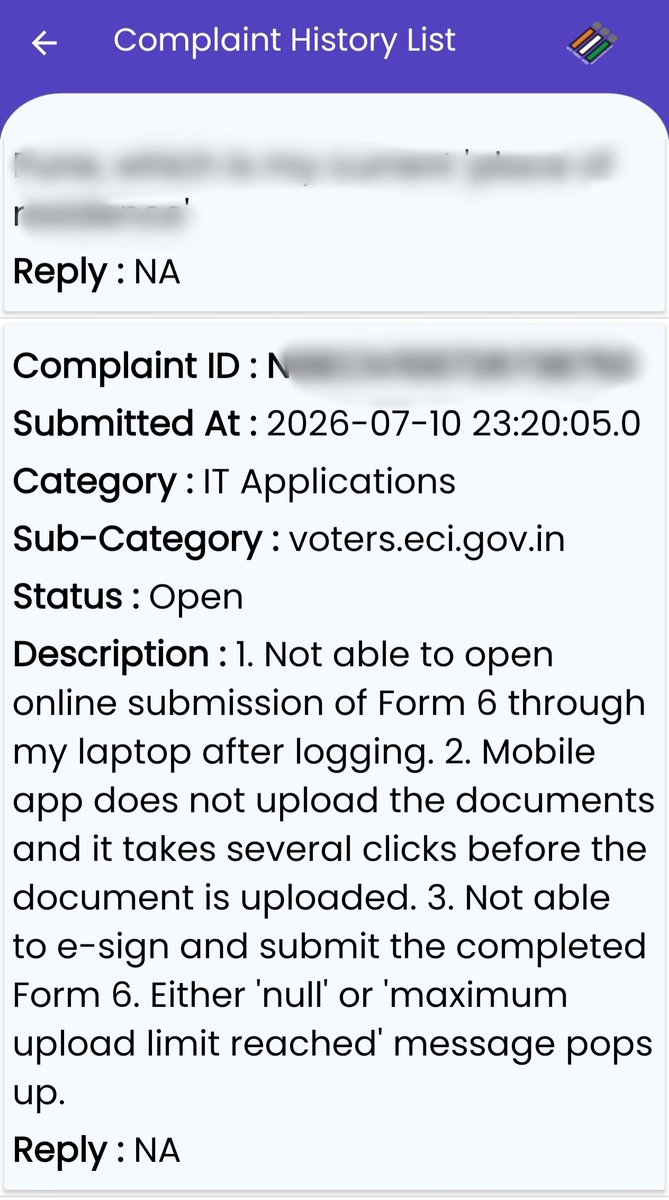 SharadV2016's tweet photo. The ECINET App is extremely user unfriendly.
1. On laptop, the site gets logged off, when Form-6 is clicked for filling.
2. In Mobile App the eSign and submit doesn't work with error.
3. My complaint got a vague reply, 'NA'

Will the authorities take note?
@ECISVEEP https://t.co/Gv1yOTxFA7